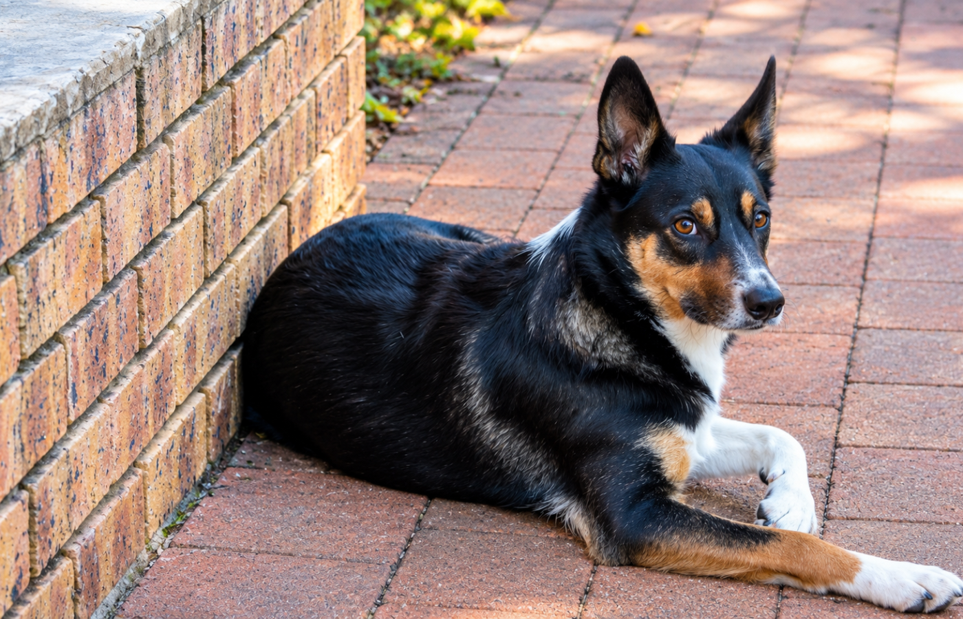 Dog leans against the wall while resting in a hallway