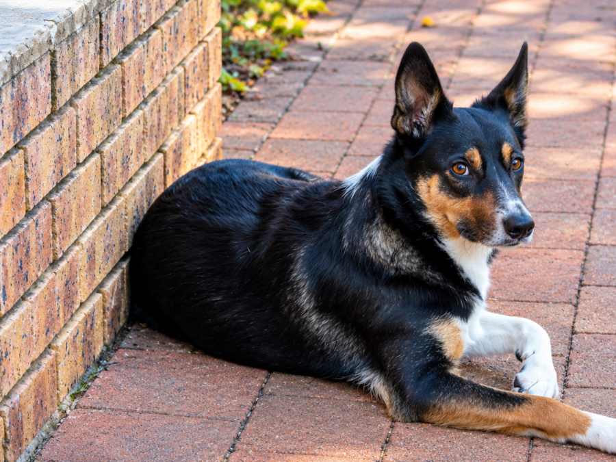 Dog leans against the wall while resting in a hallway