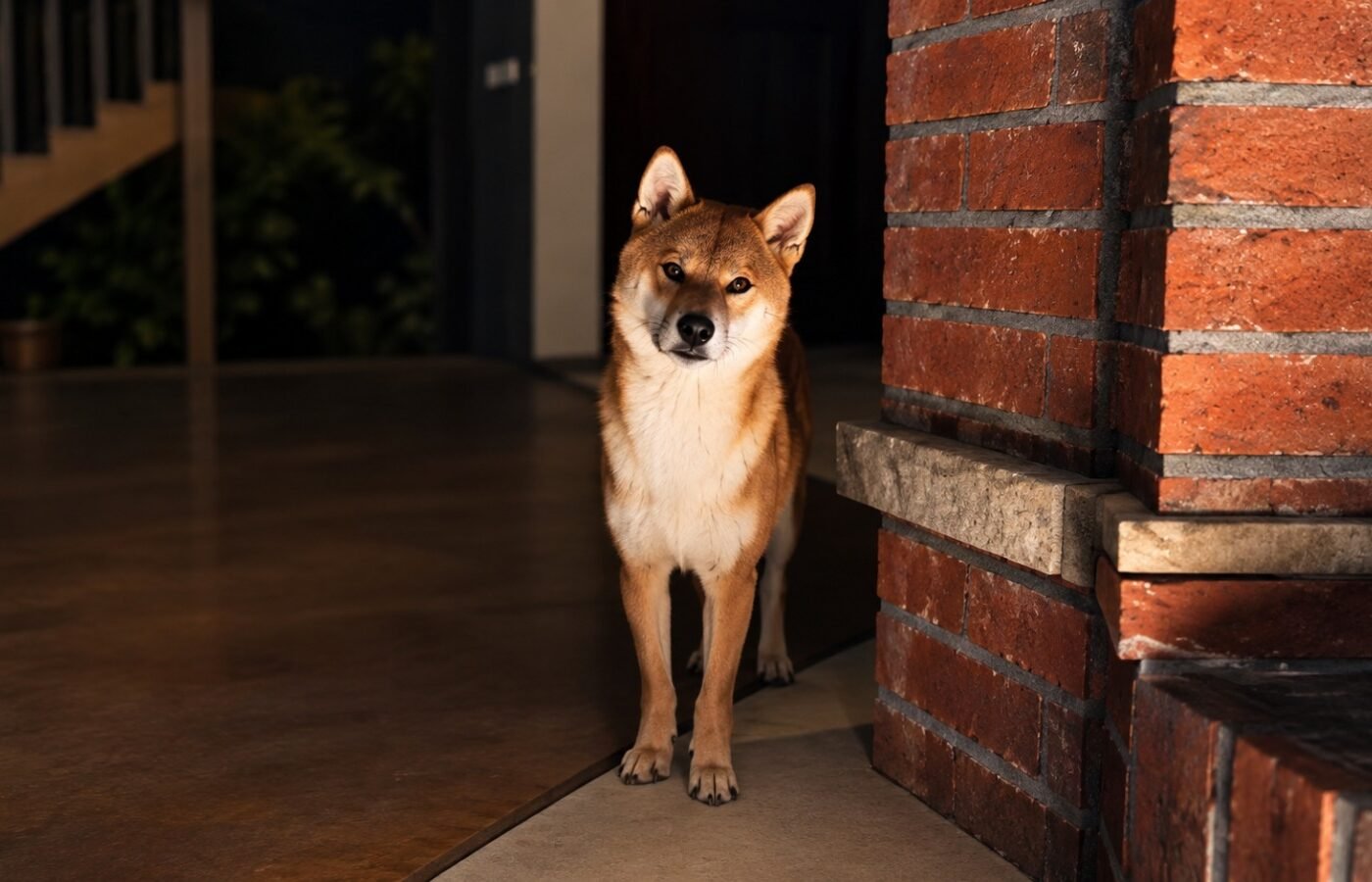 Dog stares at the door at night in a dark room