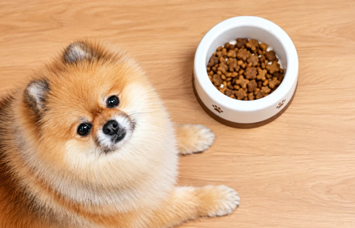 Nutrish Just 6 dry dog food served in a bowl beside a dog