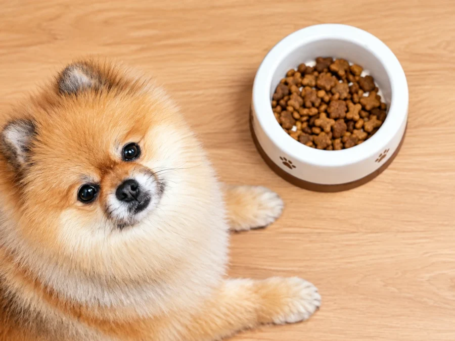 Nutrish Just 6 dry dog food served in a bowl beside a dog