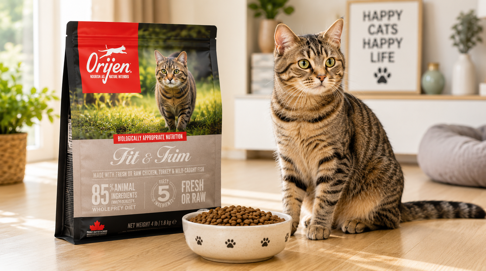 is orijen cat food good with a healthy cat beside a bowl of Orijen cat food