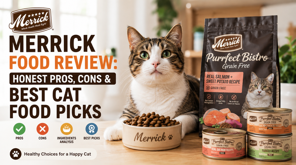 Merrick food review featuring Merrick cat food and a healthy cat