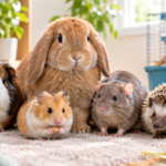 guinea pig and hamster sitting together as pet mammals in an indoor cage