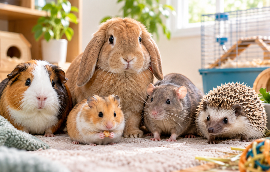 guinea pig and hamster sitting together as pet mammals in an indoor cage