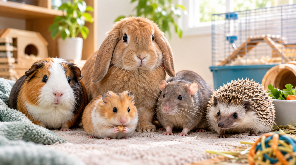 guinea pig and hamster sitting together as pet mammals in an indoor cage