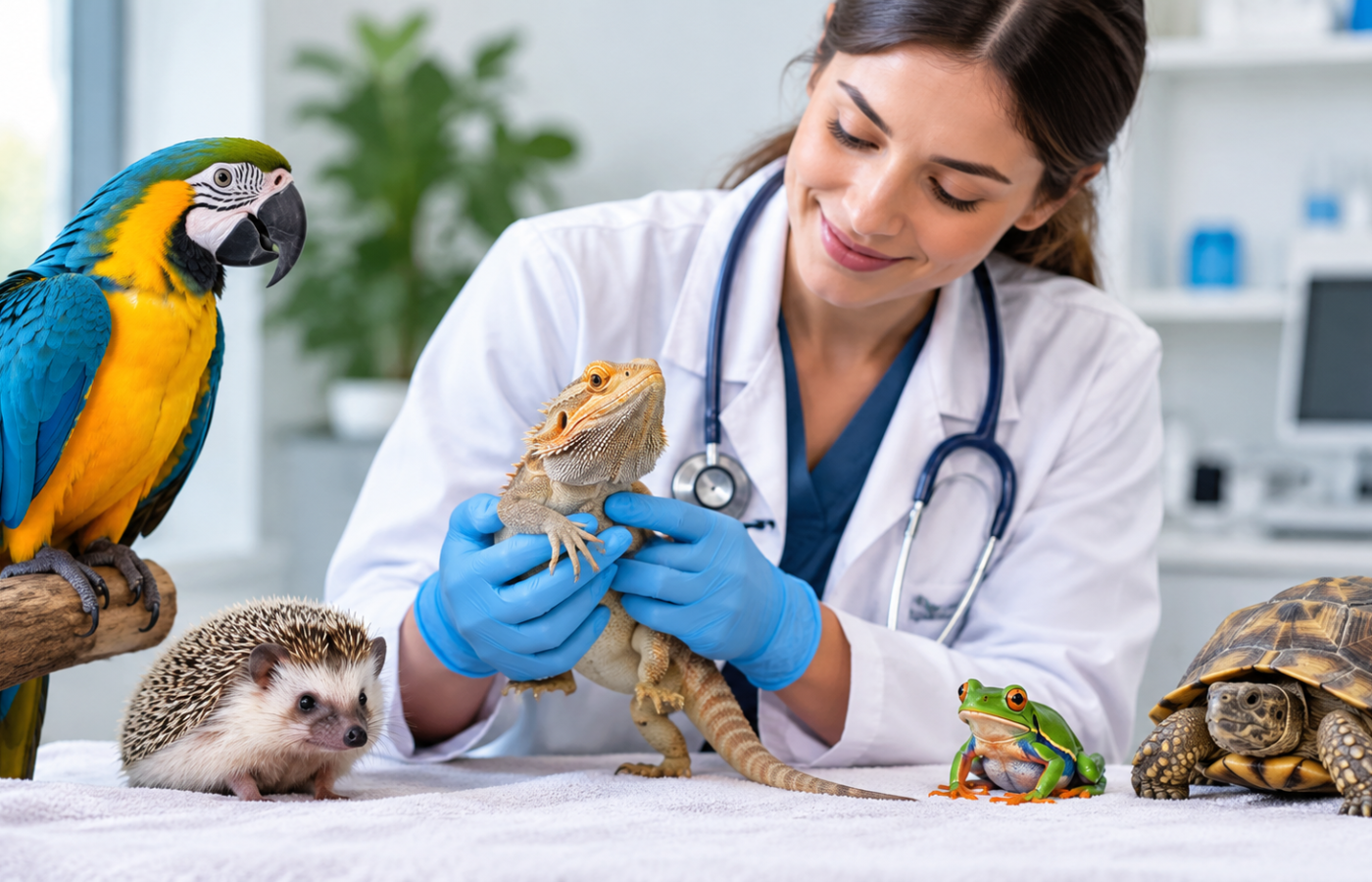Exotic animal veterinarian examining a rabbit at Wasatch Exotic Pet Care clinic