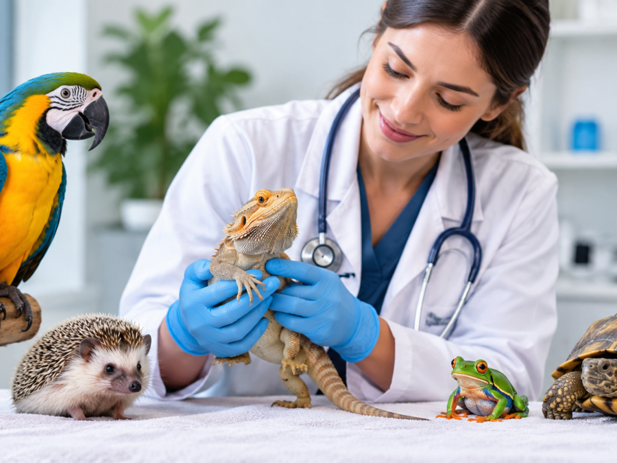 Exotic animal veterinarian examining a rabbit at Wasatch Exotic Pet Care clinic