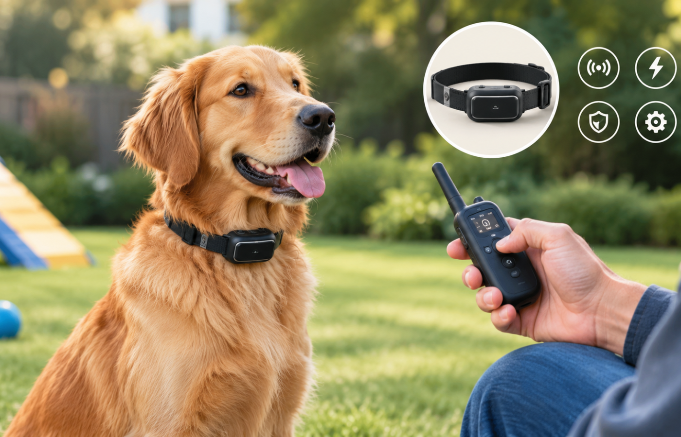 Remote dog training collar with golden retriever outdoors
