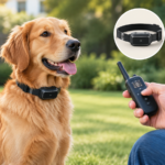 Remote dog training collar with golden retriever outdoors