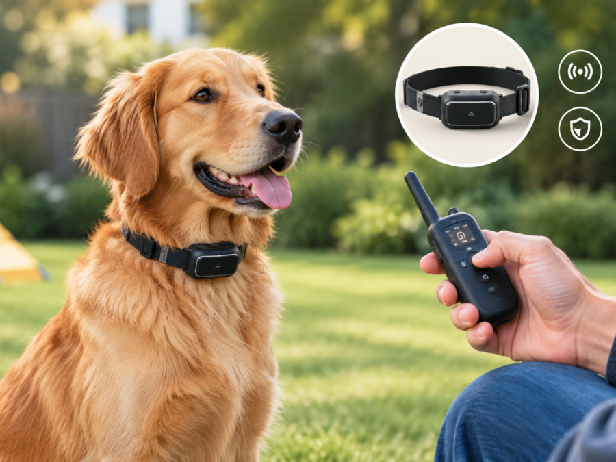 Remote dog training collar with golden retriever outdoors
