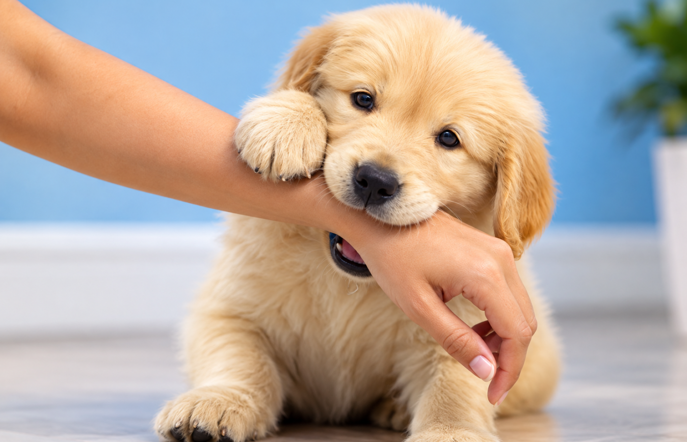 How to stop a puppy from biting — training guide graphic with chew toy