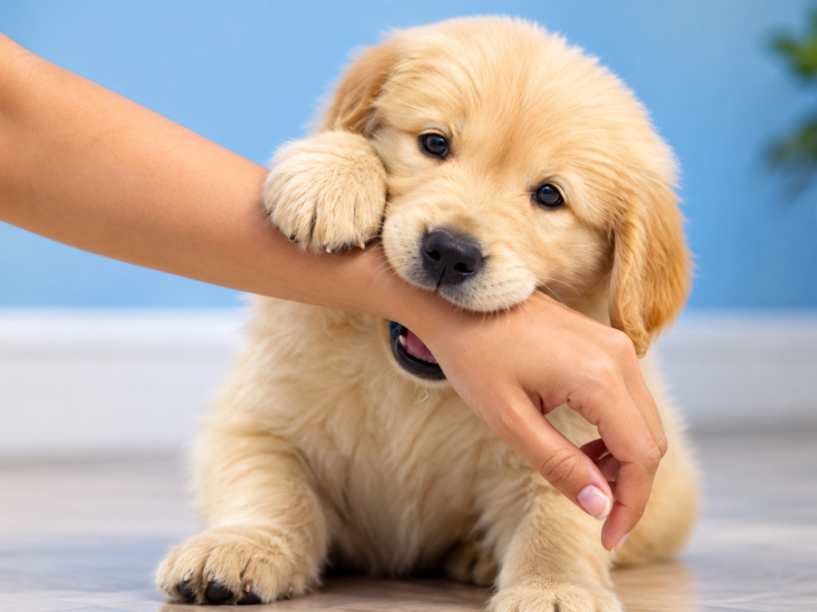 How to stop a puppy from biting — training guide graphic with chew toy
