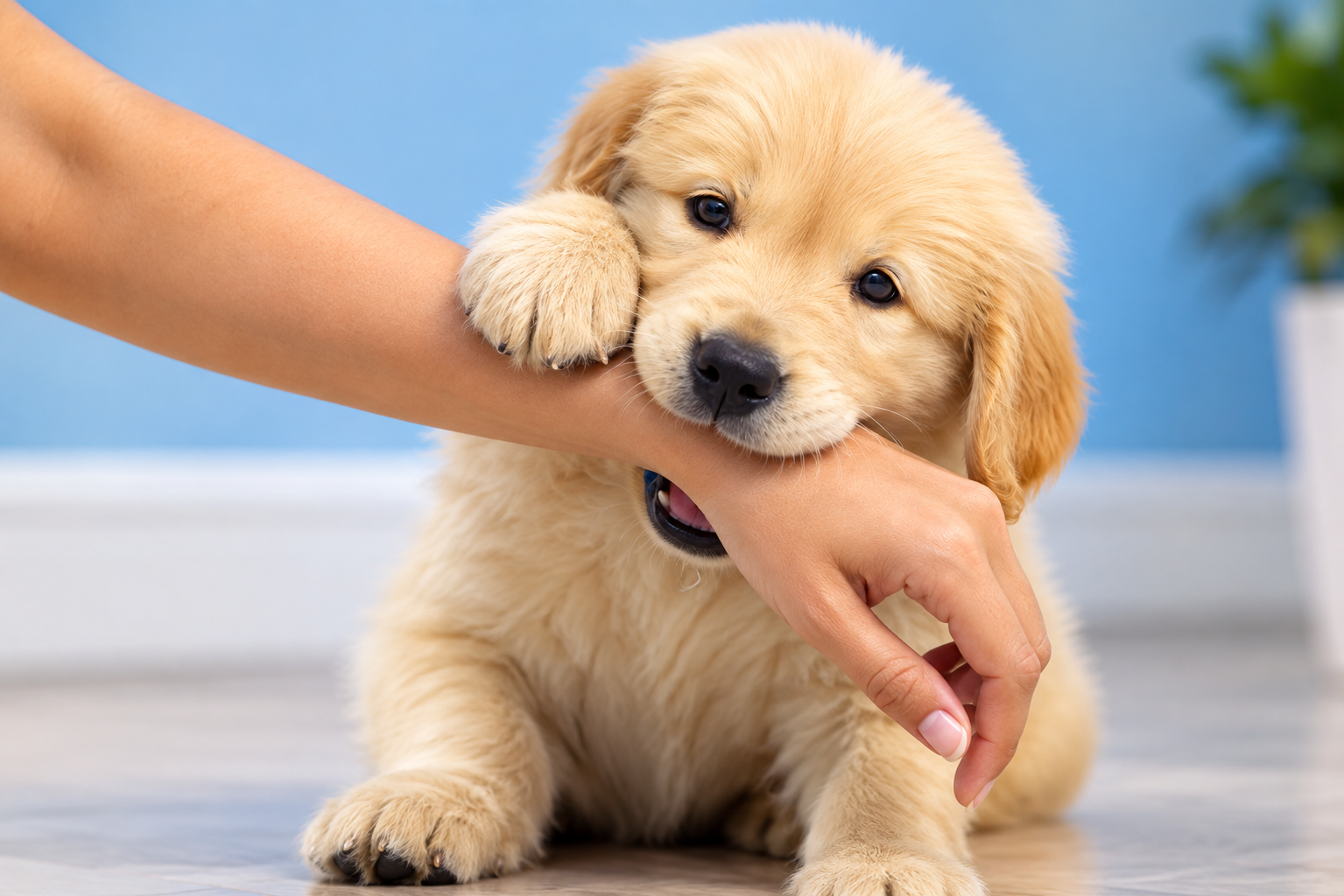 How to stop a puppy from biting — training guide graphic with chew toy