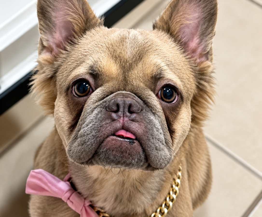French Bulldog and Pomeranian mix puppy sitting on grass with pointed ears and a short snout