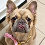 French Bulldog and Pomeranian mix puppy sitting on grass with pointed ears and a short snout
