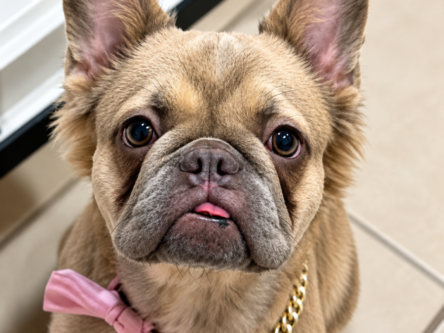 French Bulldog and Pomeranian mix puppy sitting on grass with pointed ears and a short snout