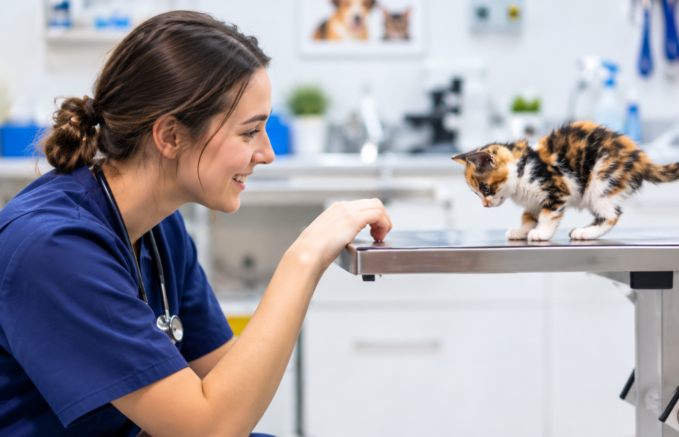 Cat care professional veterinarian gently examining a cat during a checkup