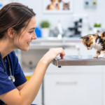 Cat care professional veterinarian gently examining a cat during a checkup