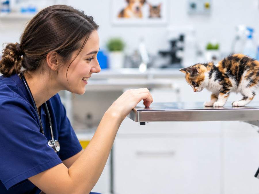 Cat care professional veterinarian gently examining a cat during a checkup