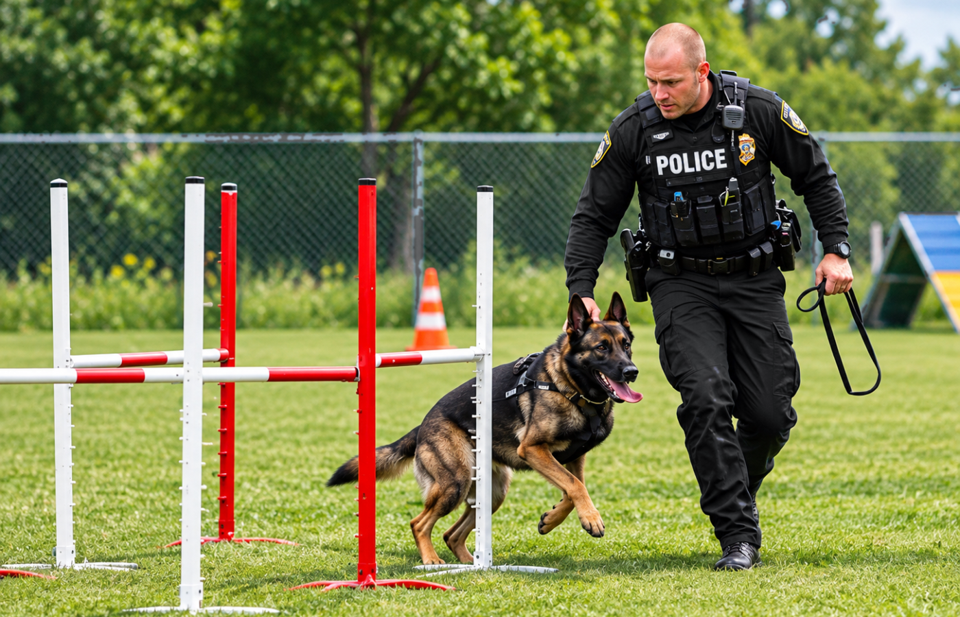 Police dog training session showing a K9 officer working with a Belgian Malinois in bite-suit apprehension drills