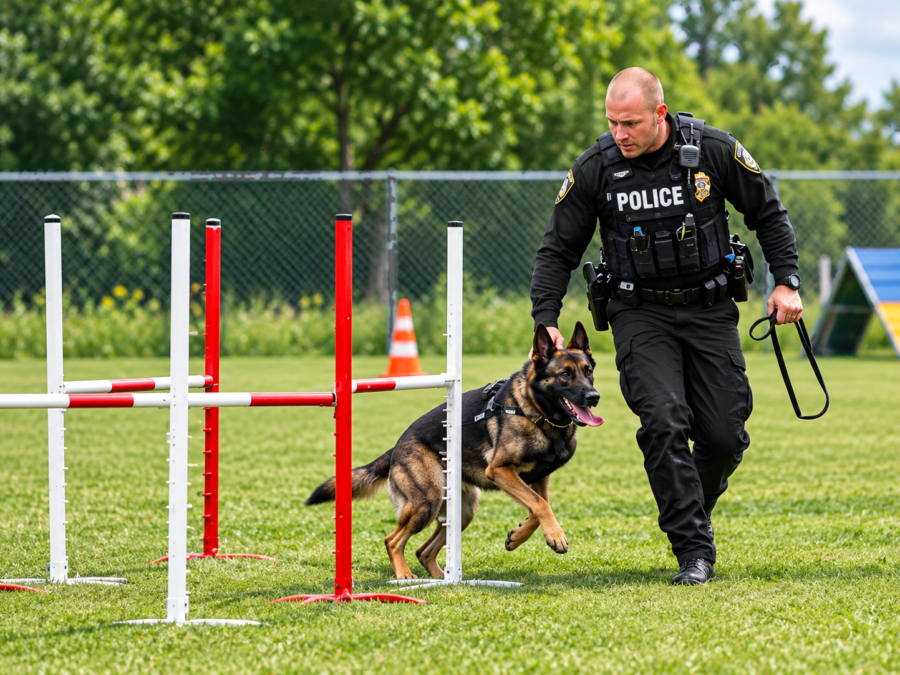 Police dog training session showing a K9 officer working with a Belgian Malinois in bite-suit apprehension drills
