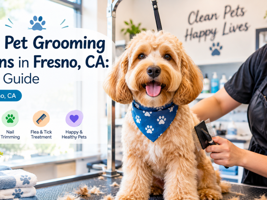 Best pet grooming salons in Fresno — dog being groomed at a salon