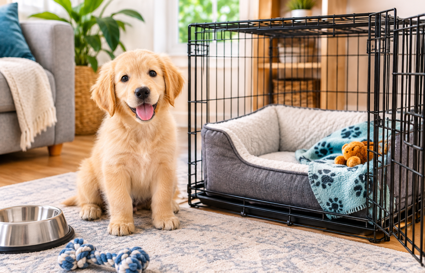 Crate training a puppy — puppy resting inside an open crate