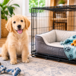 Crate training a puppy — puppy resting inside an open crate