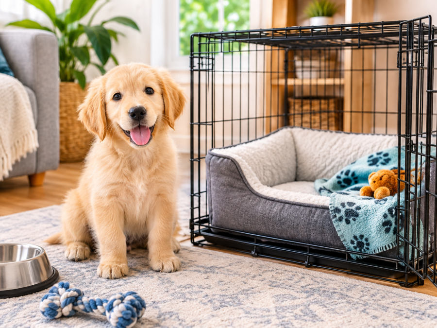 Crate training a puppy — puppy resting inside an open crate